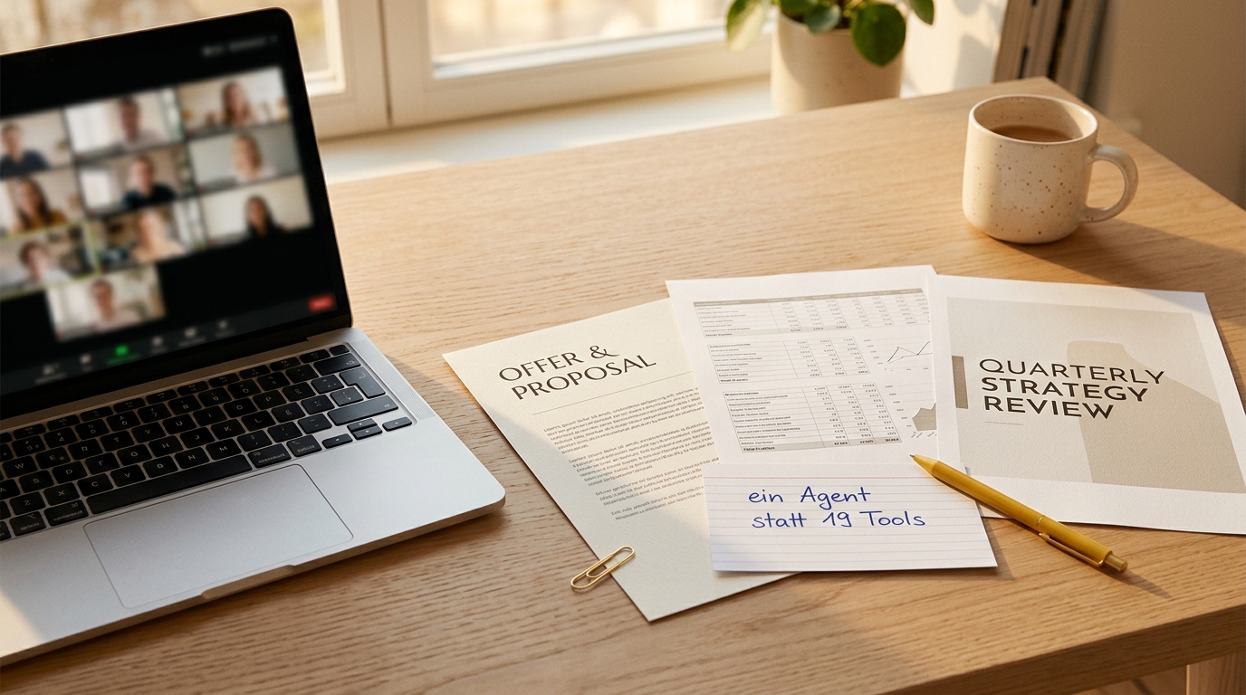 Editorial-Workspace auf cremefarbenem Tisch: Laptop mit Zoom-Panel, daneben ein frisch gedrucktes Angebots-PDF, eine ROI-Excel und ein Pitch-Deck, dazu eine handschriftliche Karte 'agentisch arbeiten: ein Agent statt 19 Tools'