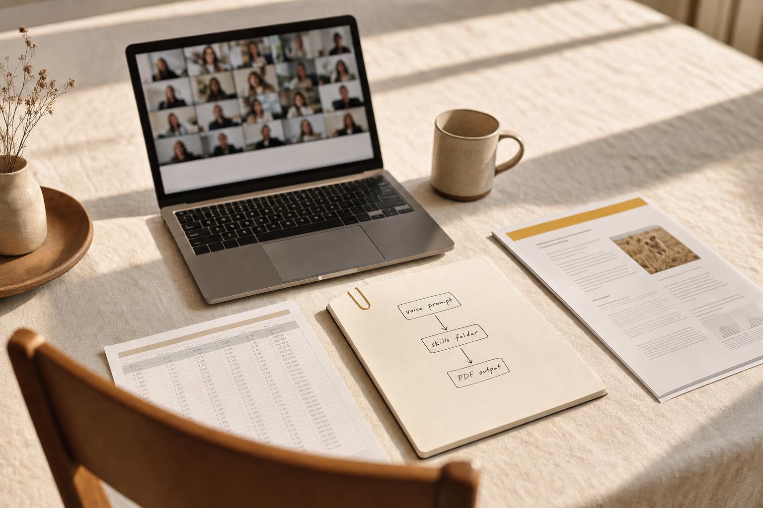 Editorial-Workspace mit Laptop, der eine Zoom-Übersicht und ein offenes Excel-Angebot zeigt, daneben handschriftliche Notizen mit Pfeilen zwischen Sprachprompt, Skill-Ordner und PDF-Output, warmes Naturlicht auf cremefarbenem Tisch
