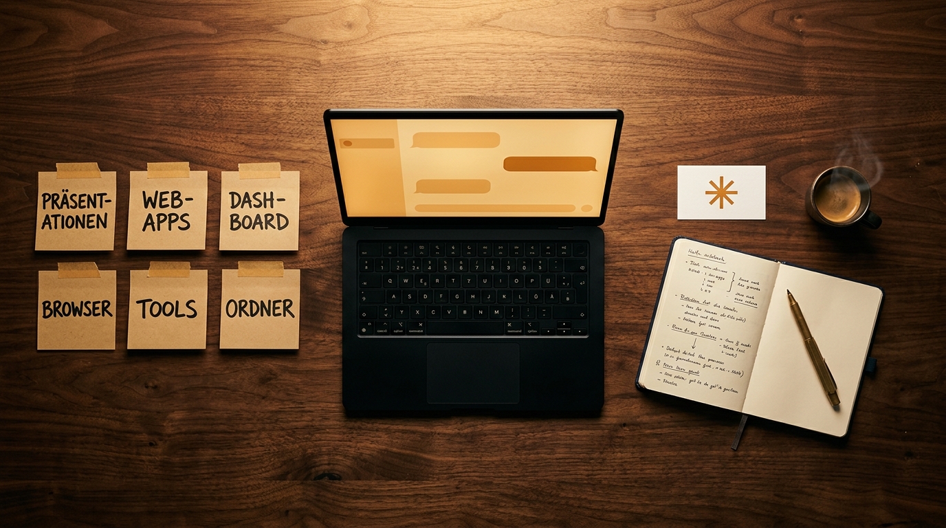 Editorial Flatlay: Laptop mit Claude Chat auf dunklem Holzschreibtisch, daneben sechs handbeschriftete Sticky-Notes mit den Use-Case-Labels Präsentationen, Web-Apps, Dashboard, Browser, Tools und Ordner.