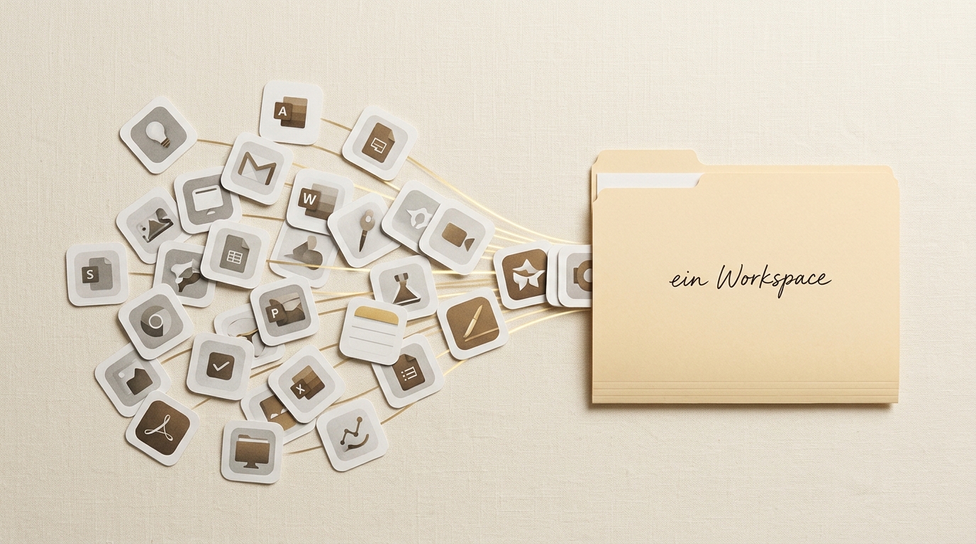 Viele einzelne Tool-Icons fließen zusammen in einen einzigen Ordner mit der Aufschrift 'ein Workspace', als Sinnbild dafür, dass ein Desktop Agent die Tool-Flut ersetzt